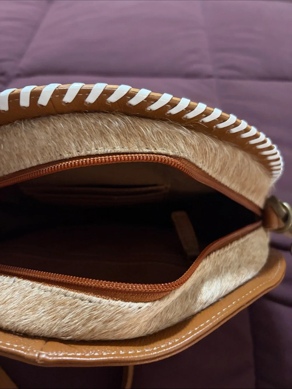 Myra Bag Hand-Tooled Round Crossbody in Brown with Cream Trim